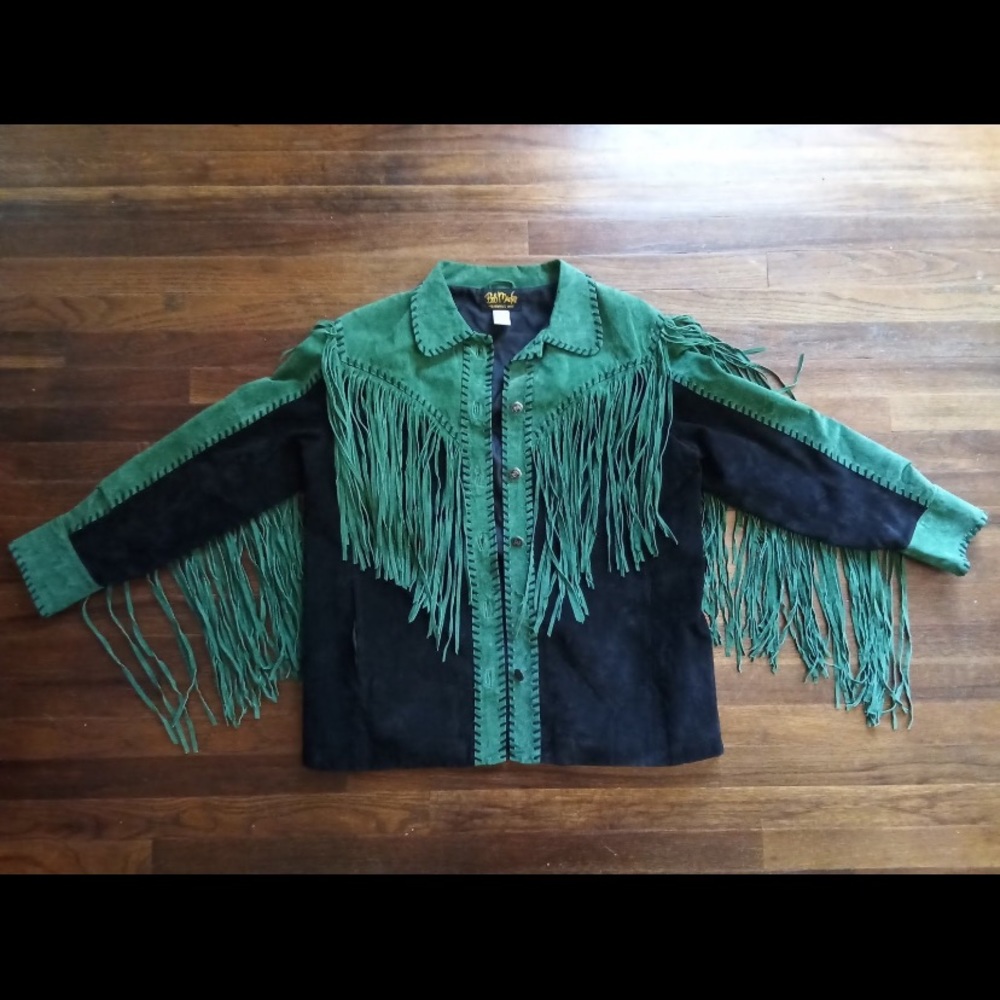 Bob Mackie Leather Fringe Jacket/ vintage / western / green black coat - size L